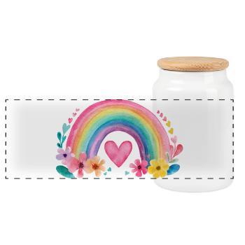 Regenbogen mit Herz & Blumen – Aquarell Liebe - Panorama Keksdose mit Holzdeckel - Weiß - Vorne