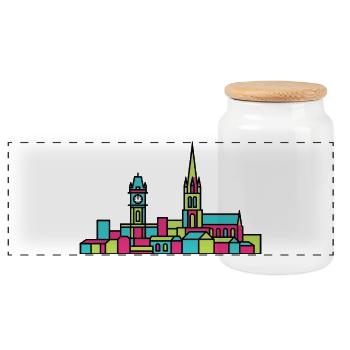 Leicester City Skyline Clock Tower Line Art - Panoramic Cookie Jar with Wooden Lid - white - Front