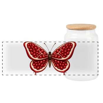Pomegranate butterfly – wings full of seeds - Panoramic Cookie Jar with Wooden Lid - white - Front