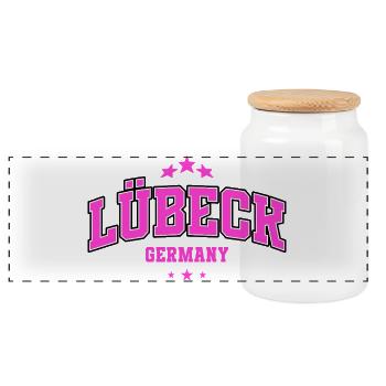 Lübeck Pink City Logo - Panoramic Cookie Jar with Wooden Lid - white - Front