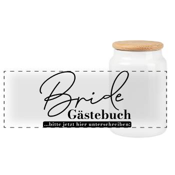 Bride Gästebuch Shirt – JGA Unterschriften T-Shirt - Panorama Keksdose mit Holzdeckel - Weiß - Vorne