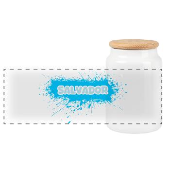 Salvador Blau Splash Schrift - Panorama Keksdose mit Holzdeckel - Weiß - Vorne
