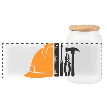 Werkzeug & Bauhelm – Handwerker Logo - Panorama Keksdose mit Holzdeckel - Weiß - Vorne