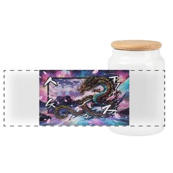 Neon Japanese Dragon – Sakura Cyberpunk Manga - Panoramic Cookie Jar with Wooden Lid - white - Front