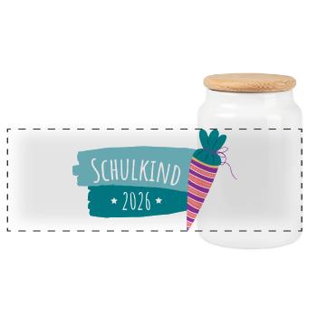 Schulkind 2026 Einschulung Geschenk Erstklässler - Panorama Keksdose mit Holzdeckel - Weiß - Vorne