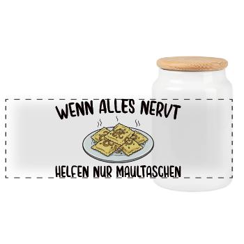 Schwäbisch Wenn alles nervt helfen nur Maultaschen - Panorama Keksdose mit Holzdeckel - Weiß - Vorne