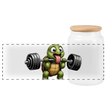 Schildkröte mit Hantel Comic Bodybuilding - Panorama Keksdose mit Holzdeckel - Weiß - Vorne
