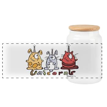 Trois Drôles Licornes - Boîte à biscuits avec couvercle en bois - blanc - Devant
