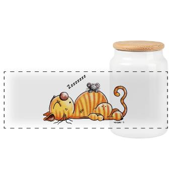 Schnarchende Katze und Maus - Comic - Fun - Panorama Keksdose mit Holzdeckel - Weiß - Vorne