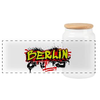 Berlin graffiti design - Panoramic Cookie Jar with Wooden Lid - white - Front