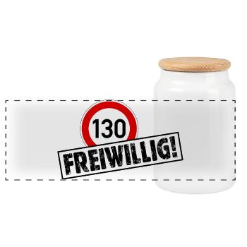 Tempo 130 FREIWILLIG! Tempolimit Aufkleber - Panorama Keksdose mit Holzdeckel - Weiß - Vorne
