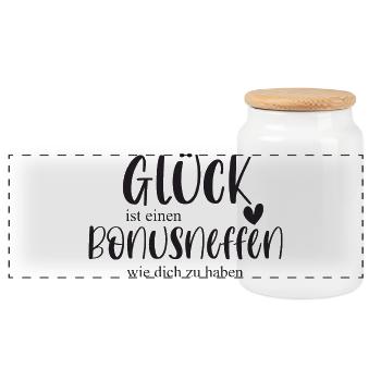 Neffe Bonusneffe Stiefneffe Familie Geschenk Glück - Panorama Keksdose mit Holzdeckel - Weiß - Vorne