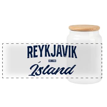 Reykjavik Blue Lettering - Panoramic Cookie Jar with Wooden Lid - white - Front