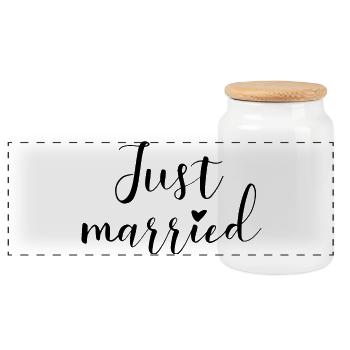 Just Married Newly Married with Heart - Panoramic Cookie Jar with Wooden Lid - white - Front