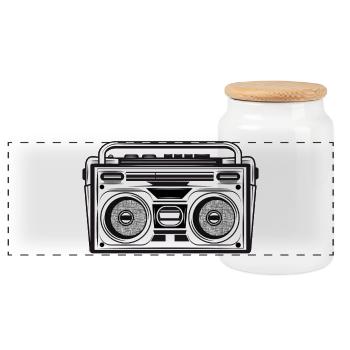 Kassetten Recorder im 80er Stencil Look - Panorama Keksdose mit Holzdeckel - Weiß - Vorne