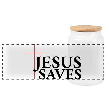 Jesus saves - Panoramic Cookie Jar with Wooden Lid - white - Front