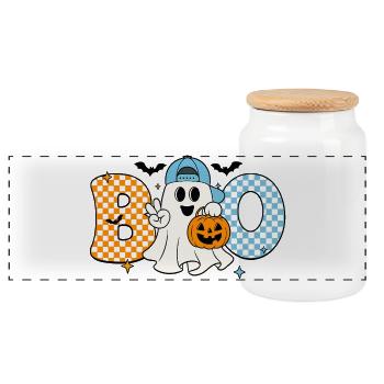 Boo - Süßer Geist Halloween Design Motiv - Panorama Keksdose mit Holzdeckel - Weiß - Vorne