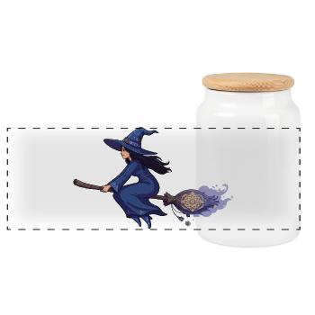 Witch on Broom in Magic Blue - Panoramic Cookie Jar with Wooden Lid - white - Front