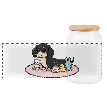 Dackel schwarz mit Kuscheltieren - Panorama Keksdose mit Holzdeckel - Weiß - Vorne