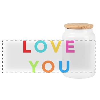 Buntes LOVE YOU Design – Regenbogen Buchstaben - Panorama Keksdose mit Holzdeckel - Weiß - Vorne