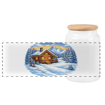 Winterliche Skihütte in den Bergen – Alpenidylle - Panorama Keksdose mit Holzdeckel - Weiß - Vorne