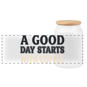 A Good Day Starts With Coffee - Motivations Spruch - Panoramic Cookie Jar with Wooden Lid - white - Front