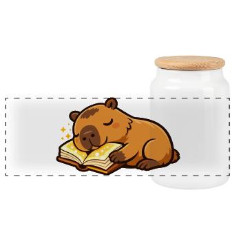 Sleeping Capybara on Book Reading Motif - Panoramic Cookie Jar with Wooden Lid - white - Front
