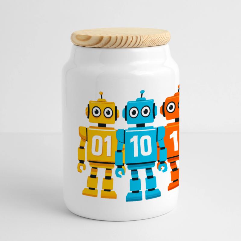 Robot 01 10 11 – Binary Sci-Fi Design Panoramic Cookie Jar with Wooden Lid