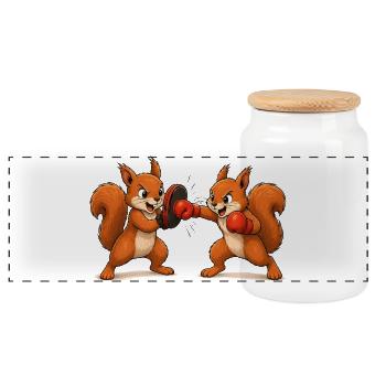 Squirrel Boxing Training Cartoon Motif - Panoramic Cookie Jar with Wooden Lid - white - Front