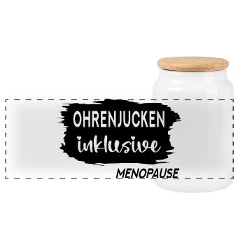Menopause Wechseljahre Ohren - Panorama Keksdose mit Holzdeckel - Weiß - Vorne