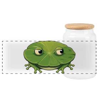 Little frog on leaf - Panoramic Cookie Jar with Wooden Lid - white - Front