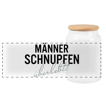 Maennerschnupfen Ueberlebt Spruch Shirt - Panorama Keksdose mit Holzdeckel - Weiß - Vorne