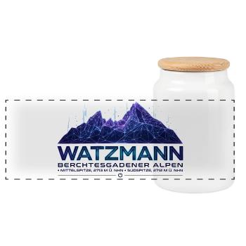Watzmann Cyberpunk Silhouette | Neon Future  - Panorama Keksdose mit Holzdeckel - Weiß - Vorne