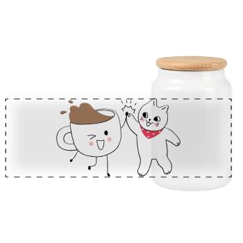 Süße Katze und Kaffeetasse High Five - Panorama Keksdose mit Holzdeckel - Weiß - Vorne