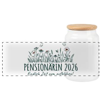 Pensionärin 2026 Zeit zum aufblühen - Panorama Keksdose mit Holzdeckel - Weiß - Vorne