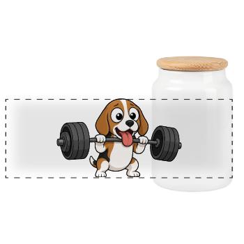 Beagle Dog Bodybuilding Weightlifting Comic - Panoramic Cookie Jar with Wooden Lid - white - Front