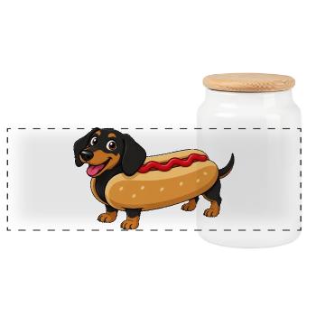 Dackel als Hotdog - Panorama Keksdose mit Holzdeckel - Weiß - Vorne