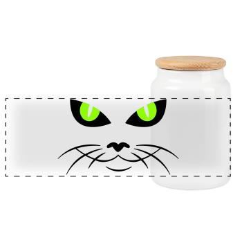 cat face - katzengesicht - Panoramic Cookie Jar with Wooden Lid - white - Front
