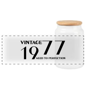 Vintage 1977 aged to perfection - Panoramic Cookie Jar with Wooden Lid - white - Front