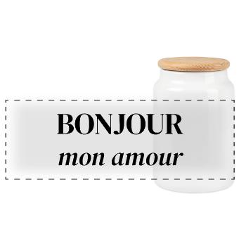 Bonjour Mon Amour – Romantic French Phrase - Panoramic Cookie Jar with Wooden Lid - white - Front