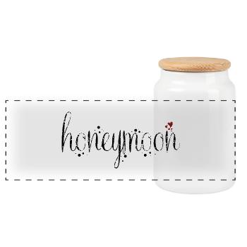 Schriftzug Flitterwochen - mit kleinen Herzen - Panorama Keksdose mit Holzdeckel - Weiß - Vorne