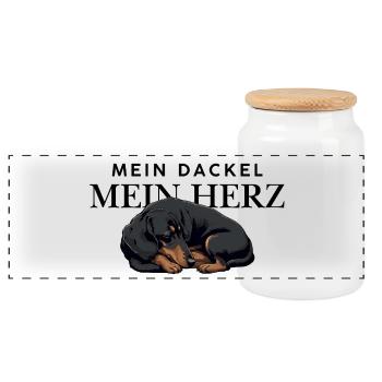 Mein_Dackel_Mein_Herz_schwarzbraun - Panorama Keksdose mit Holzdeckel - Weiß - Vorne