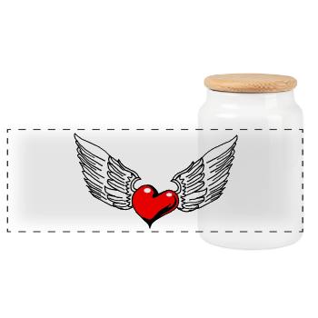 Winged Heart in Illustrative Style - Panoramic Cookie Jar with Wooden Lid - white - Front