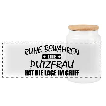 Putzfrau-Ruhe bewahren-entspann dich - Panorama Keksdose mit Holzdeckel - Weiß - Vorne