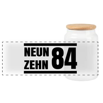 Neunzehn84 / 1984 / Jahrgang - Panorama Keksdose mit Holzdeckel - Weiß - Vorne