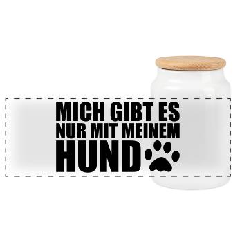 MIT MEINEM HUND - Lustiges Hunde Sprüche Geschenk - Panorama Keksdose mit Holzdeckel - Weiß - Vorne