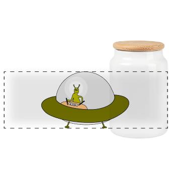 Alien UFO Friendship Motif - Panoramic Cookie Jar with Wooden Lid - white - Front