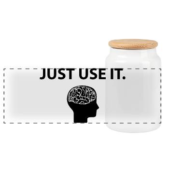 Just Use It Brain Gehirn Lustiger Spruch - Panorama Keksdose mit Holzdeckel - Weiß - Vorne