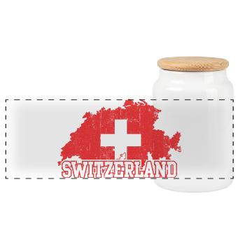 Swiss Map Cross Emblem with Silhouettes - Panoramic Cookie Jar with Wooden Lid - white - Front