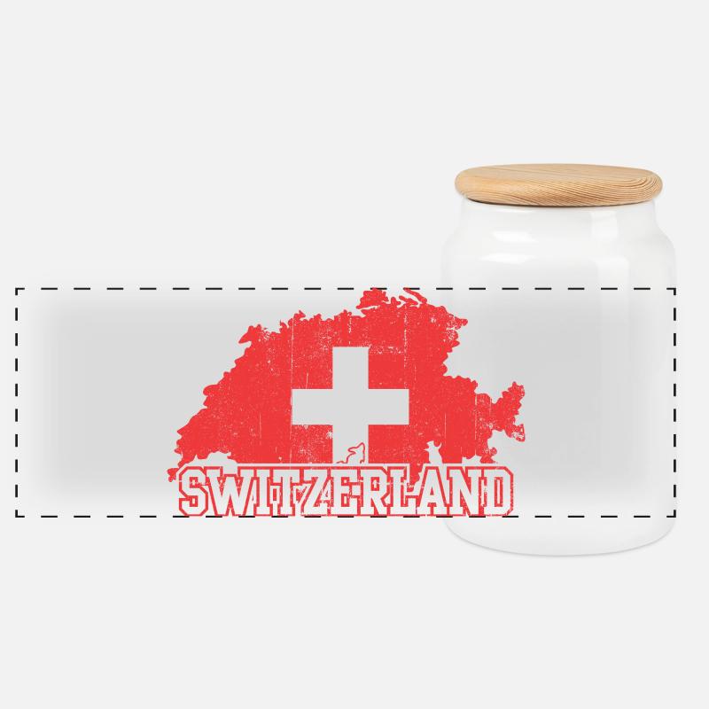 Schweizer Kartenkreuz-Emblem mit Silhouetten - Panorama Keksdose mit Holzdeckel - Weiß